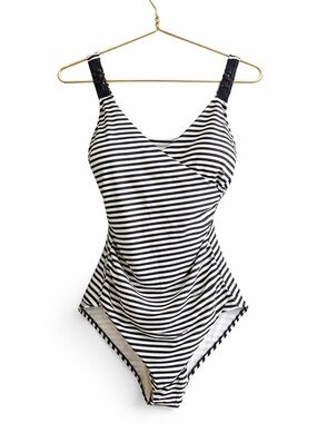Merona Striped One Piece Swimsuit Black White Ruched Medium